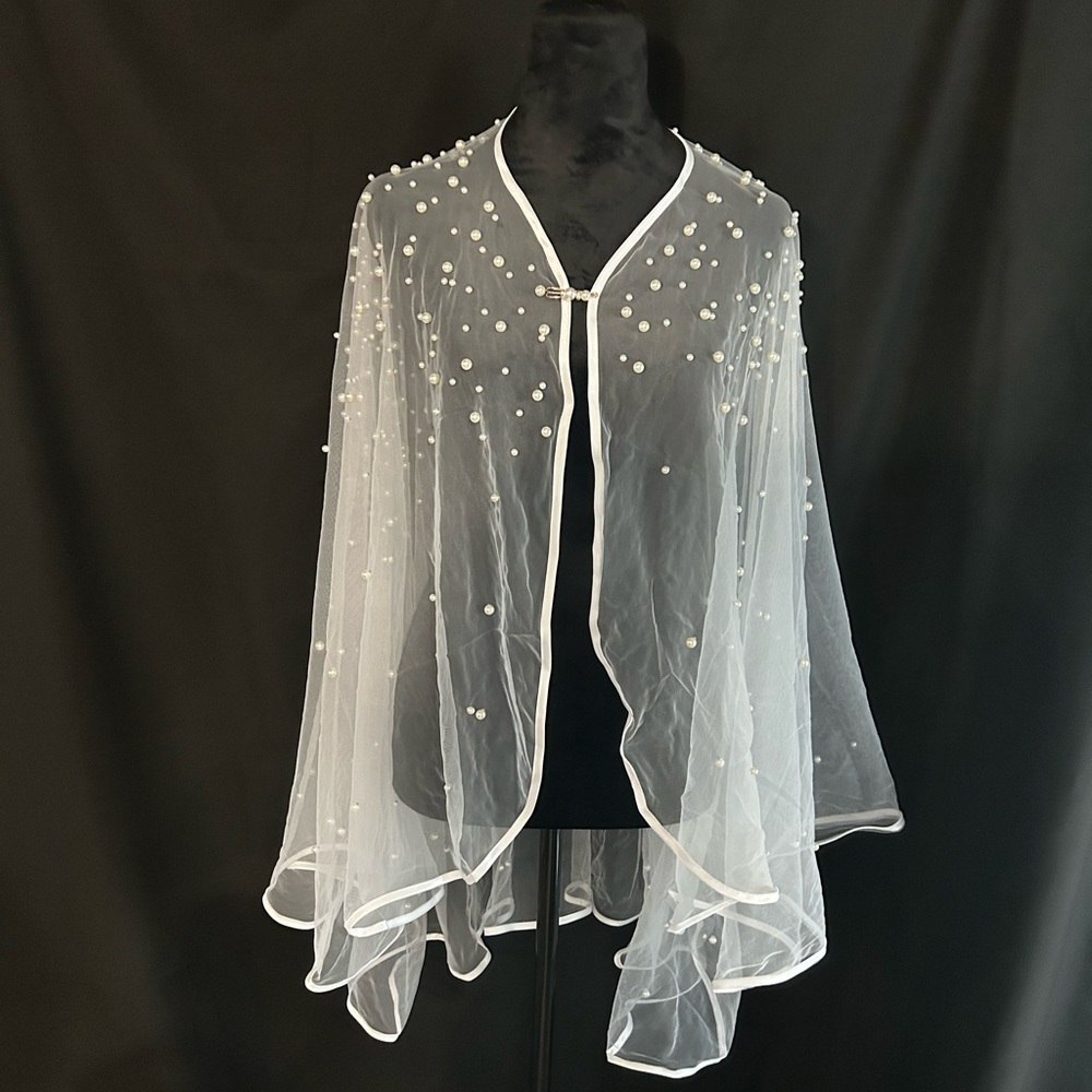 New Long Pearl Shawl Women White Tulle Sheer Wrap Elegant Bridal Communion